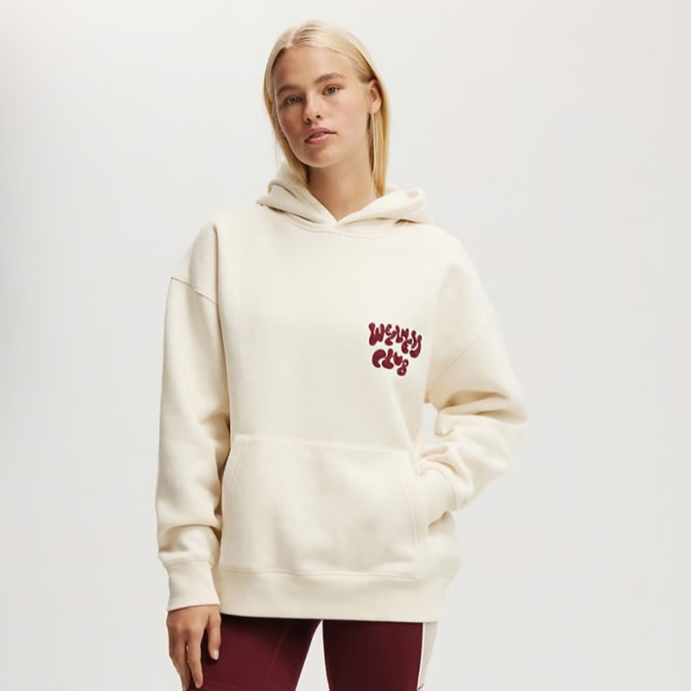 Cotton On Body Wellness Club Hoodie Oatmeal Cream Maroon Graphic Pullover Small